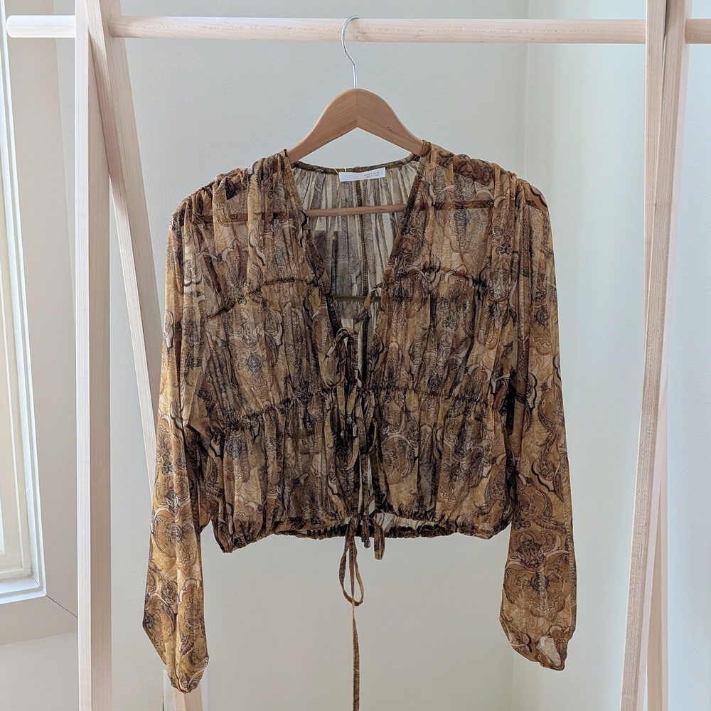 NWT ZARA Floral Sheer Patterned Tie-Front Blouse In Tan/Gold - S - Picture 6 of 11